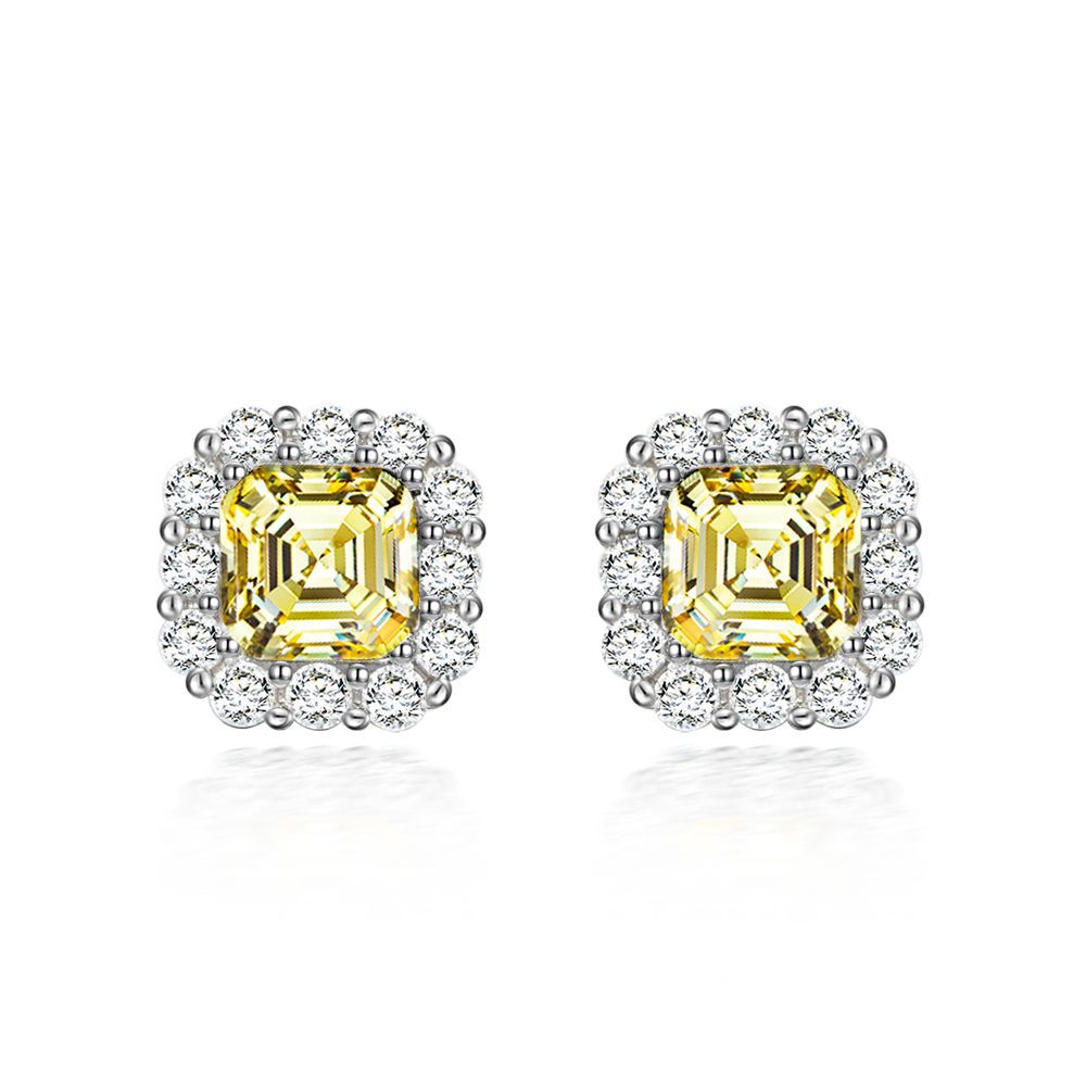 Sterling silver earrings S925 Vintage Square Stud Earrings - Versatile 2 Carat Diamond Elegance