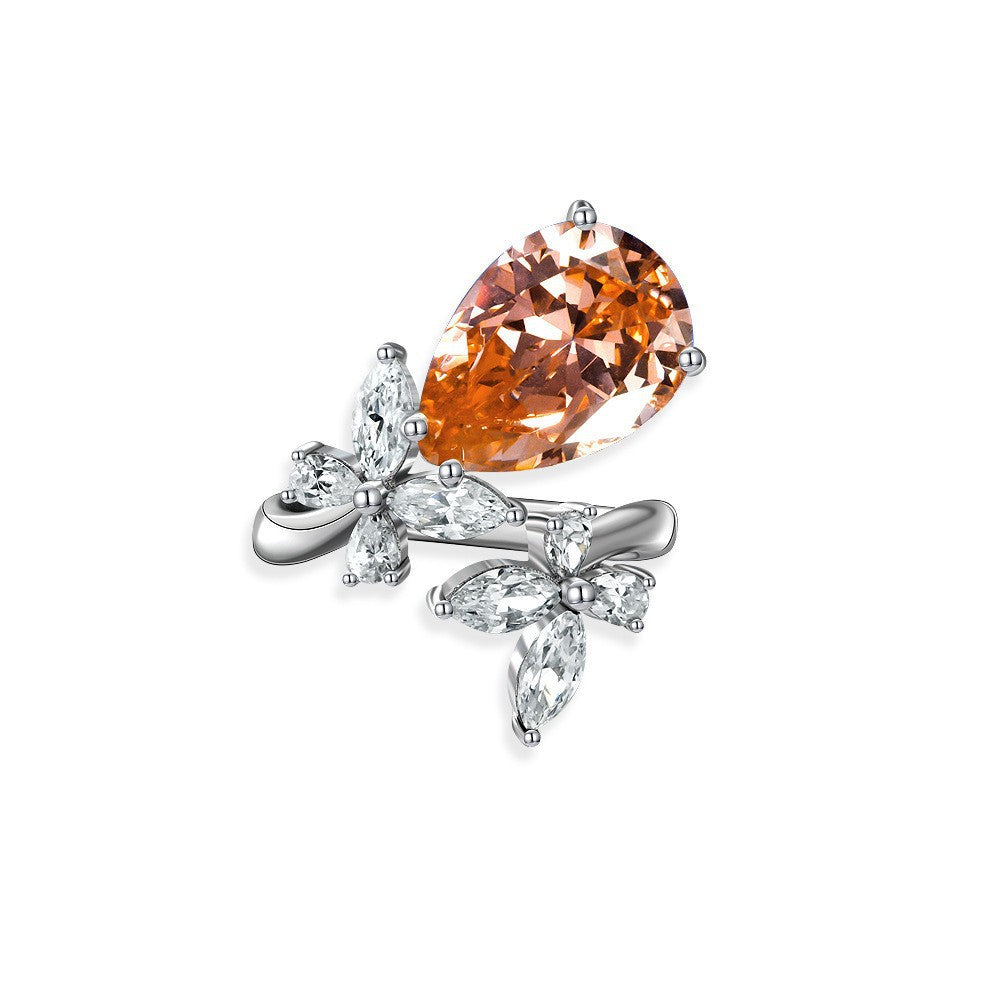 5 Carat Pink Pear Cut High Carbon Diamond Open Ring – Butterfly Accent, Trendy Minimalist Style