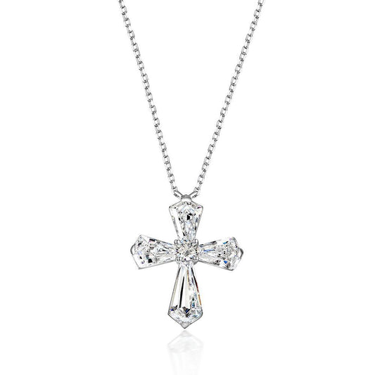 Sterling silver 4Ct Fancy 6x12mm Cross Pendant Necklace, Fully Diamond-Cut, 40+3cm Chain