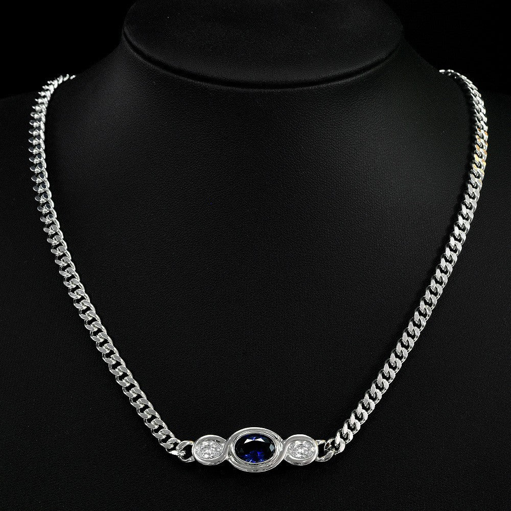 3.4Ct Oval Lab-Grown Ruby/Sapphire 8x11mm High-Carbon Diamond Cuban Chain, 45cm