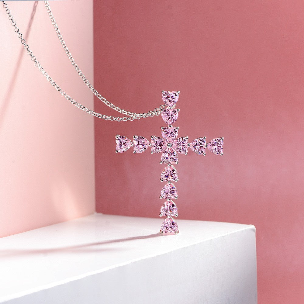 Heart Shape 5x5mm High-Carbon Diamond S925 Silver Cross Pendant Necklace   40+5cm Chain