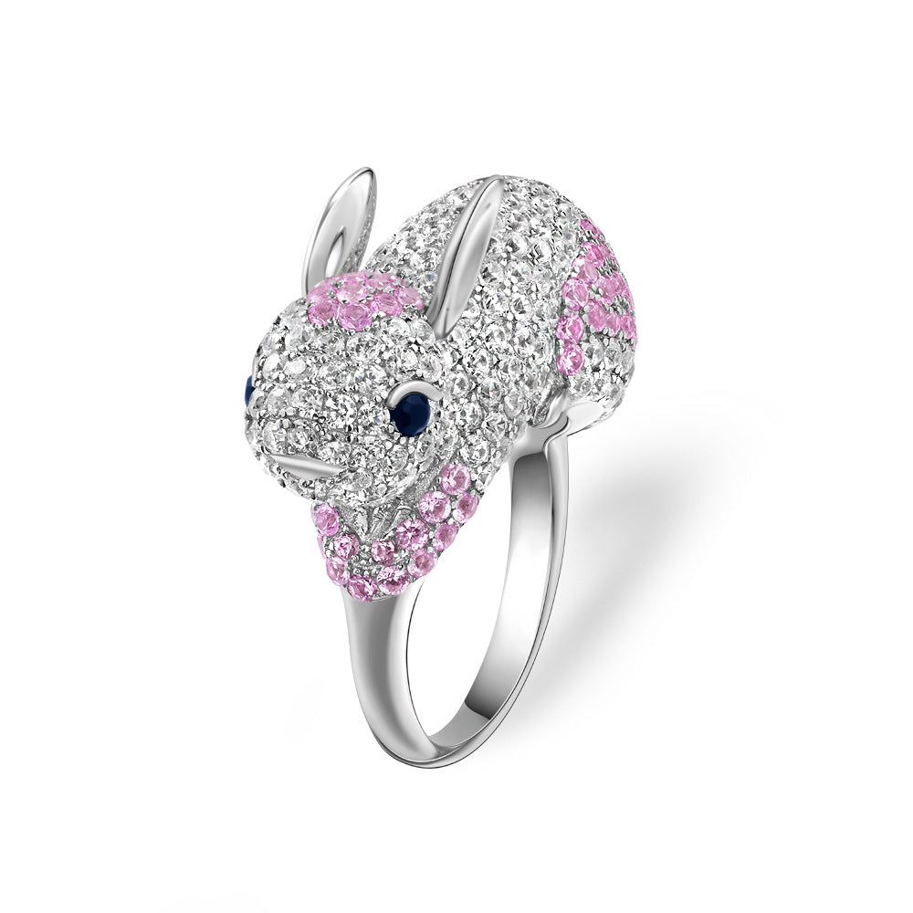0.08Ct Pink Lab-Grown Blue Sapphire Rabbit Design 925 Silver Ring