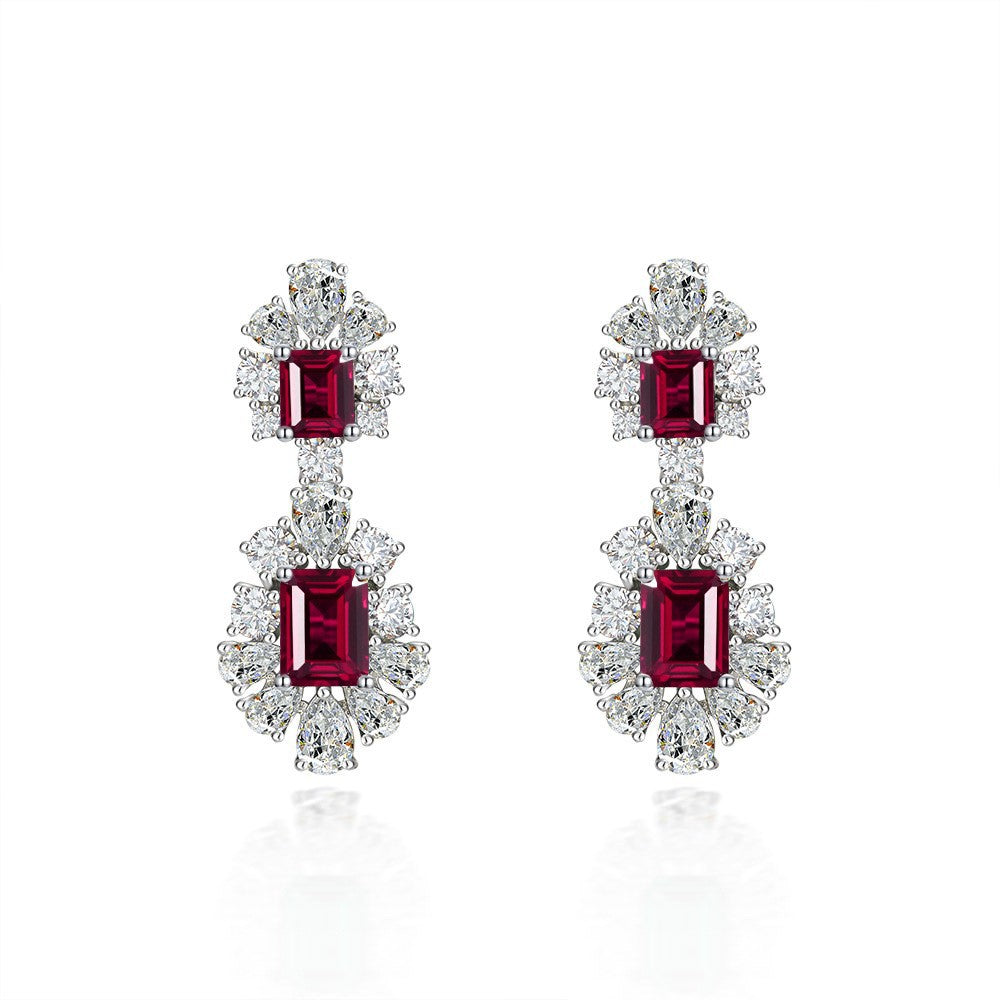 Rectangular 6x8mm Luxury Symmetrical Sunflower Geometric 1.5ct Lab-Grown Ruby Earrings