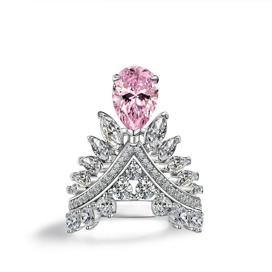 2 Carat Pink Teardrop High Carbon Diamond Ring – Sterling Silver Feather Crown Design, 2025 Collection