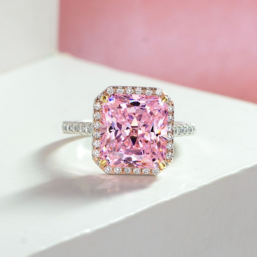 6Ct Rectangle 10x11mm High-Carbon Diamond S925 Silver Ring for Women