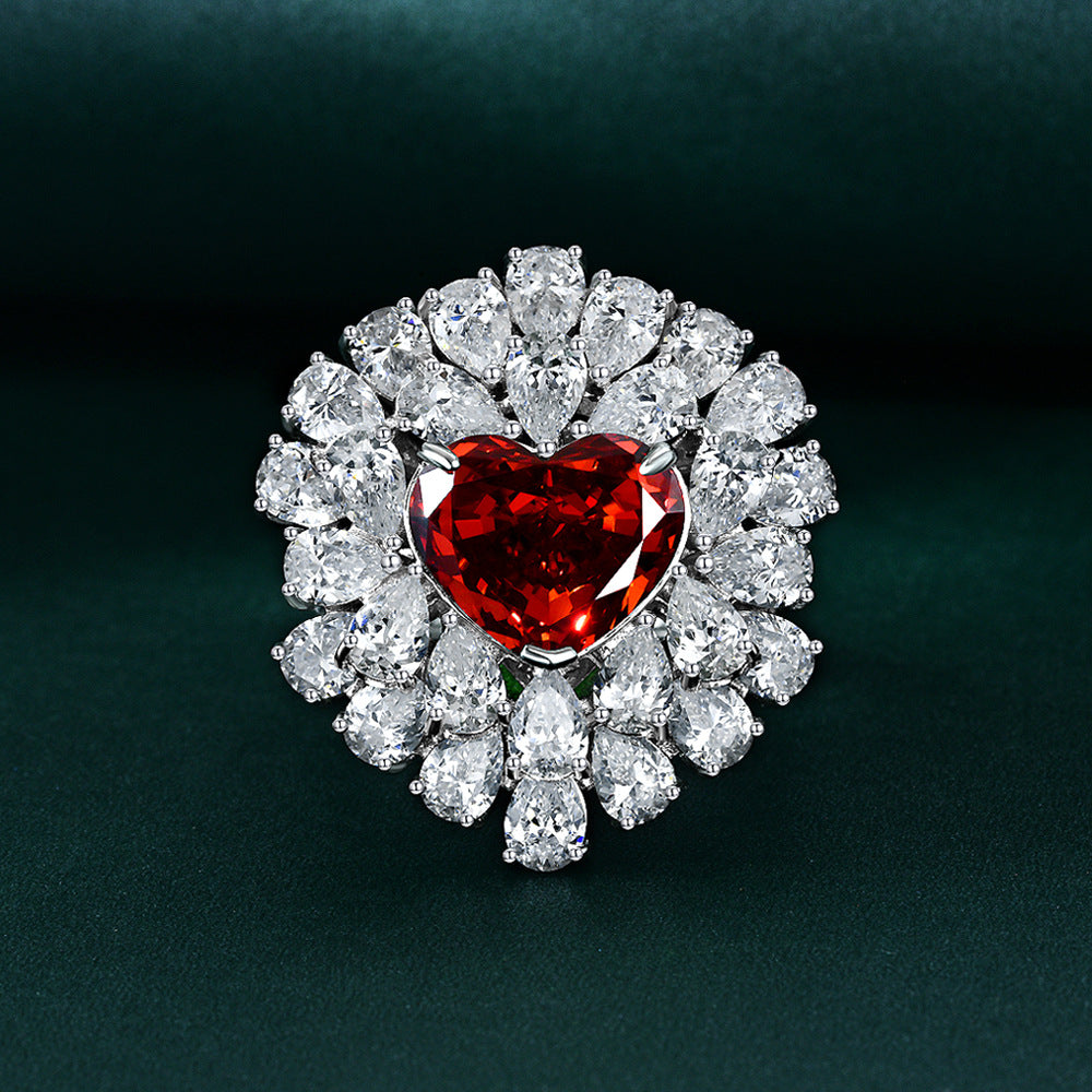 10 Carat Padma Red Heart Cut High Carbon Diamond Ring – 10×12mm Ice-Flower Pavé Sterling Silver Women’s Ring