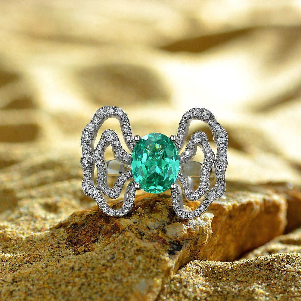 2 Carat Oval Paraiba & Ruby Dual-Tone Ring – 8×10mm Sterling Silver Ruyi Cloud Motif Luxury Women’s Ring