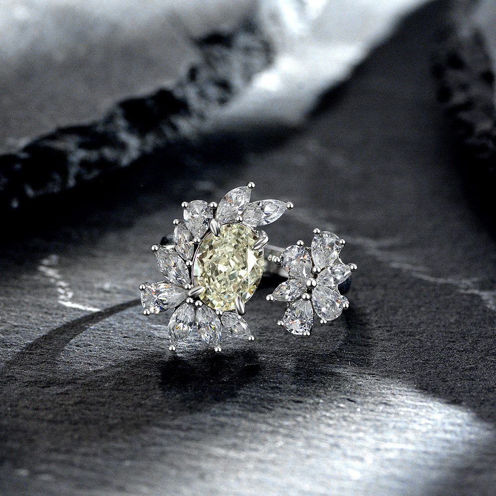 2 Carat Oval Padma Pink High Carbon Diamond Ring – 7×9mm Ice-Flower Cut Adjustable Sterling Silver Women’s Ring