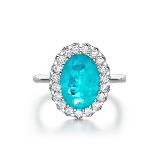 5 Carat Paraiba Emerald Oval Ring – Sterling Silver 10×14mm High Carbon Diamond Design