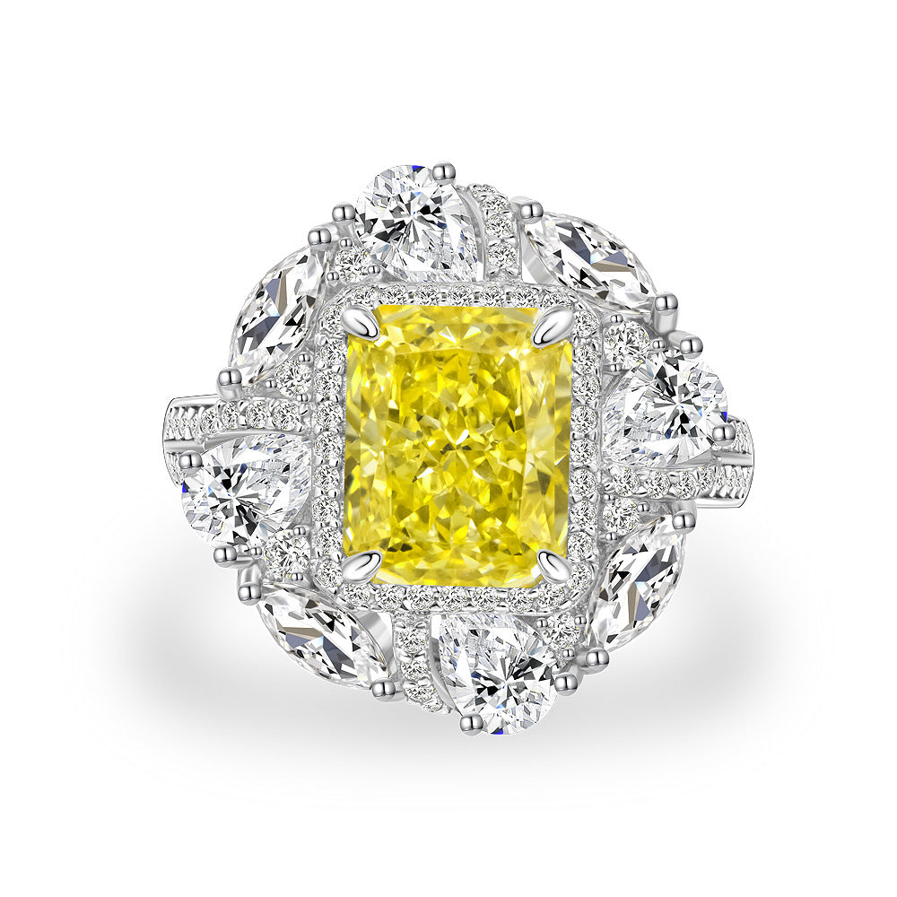 4 Carat Ice-Flower Cut Yellow High Carbon Diamond Ring – Sterling Silver 8×10mm Luxury Style