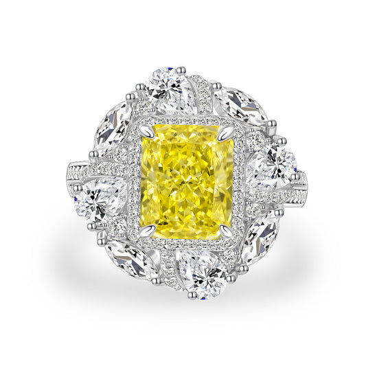 4 Carat Ice-Flower Cut Yellow High Carbon Diamond Ring – Sterling Silver 8×10mm Luxury Style