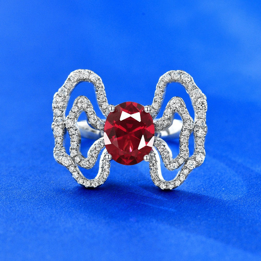 2 Carat Oval Paraiba & Ruby Dual-Tone Ring – 8×10mm Sterling Silver Ruyi Cloud Motif Luxury Women’s Ring