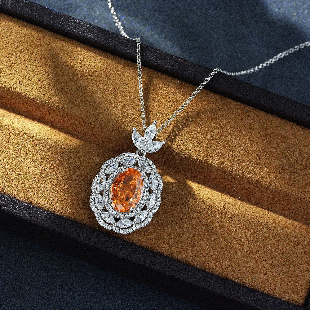 New 4Ct Sunset Orange Oval 9x13mm Ice-Cut Pendant Necklace for Women, 40+5cm