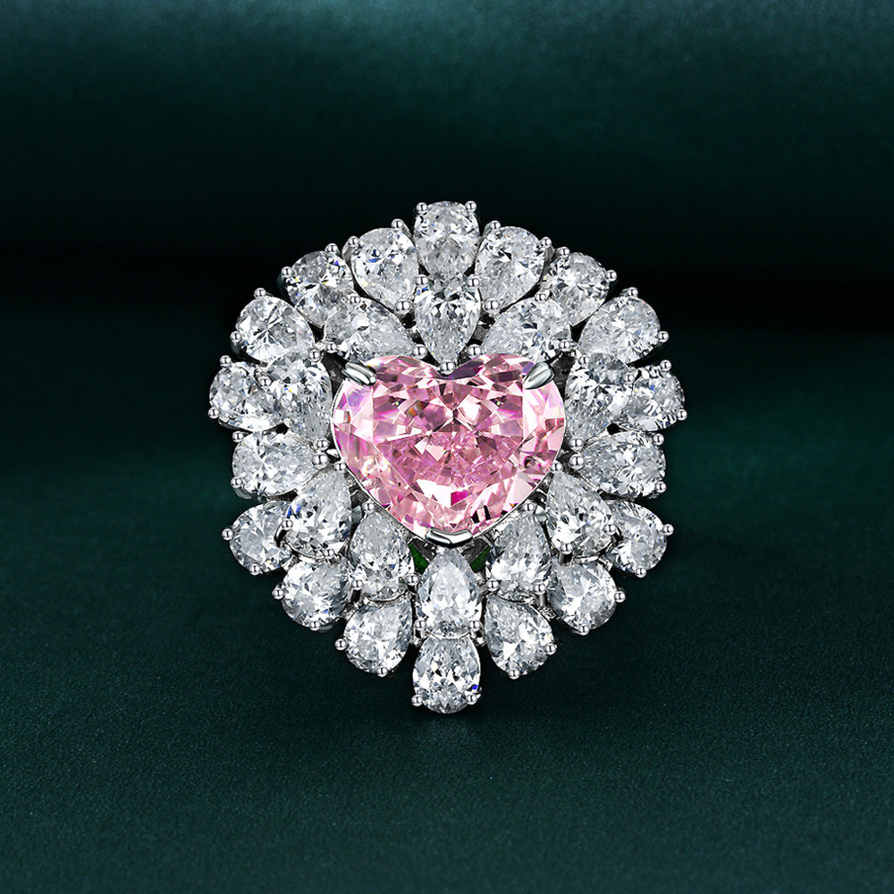 10 Carat Padma Red Heart Cut High Carbon Diamond Ring – 10×12mm Ice-Flower Pavé Sterling Silver Women’s Ring