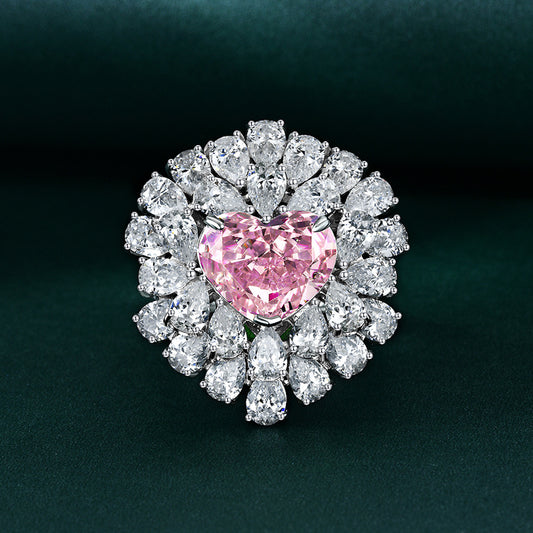 10 Carat Padma Red Heart Cut High Carbon Diamond Ring – 10×12mm Ice-Flower Pavé Sterling Silver Women’s Ring