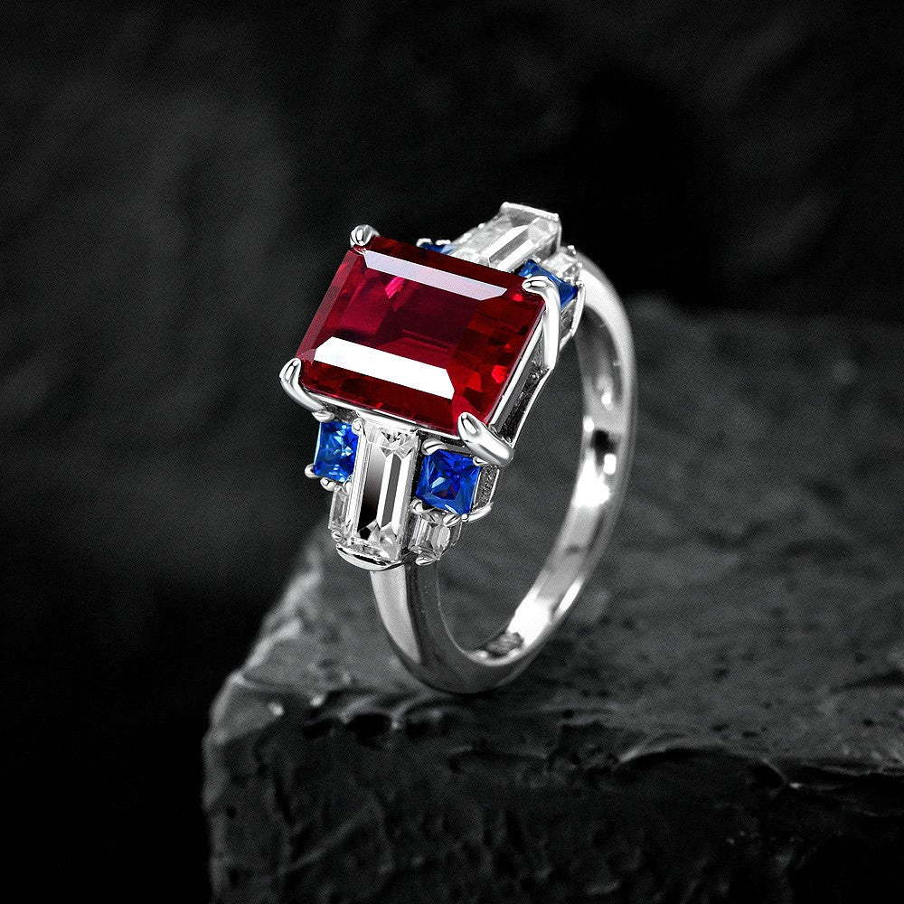 4Ct Rectangle 8x10mm Lab-Grown Sapphire S925 Silver Ring with High-Carbon Diamonds