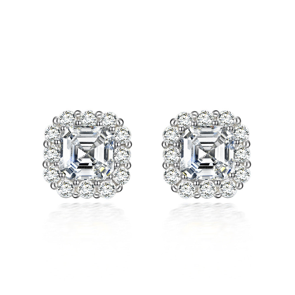 Sterling silver earrings S925 Vintage Square Stud Earrings - Versatile 2 Carat Diamond Elegance