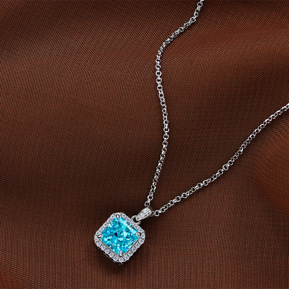New 2Ct Square 7x7mm High-Carbon Diamond 925 Silver Pendant Necklace, 40+3cm