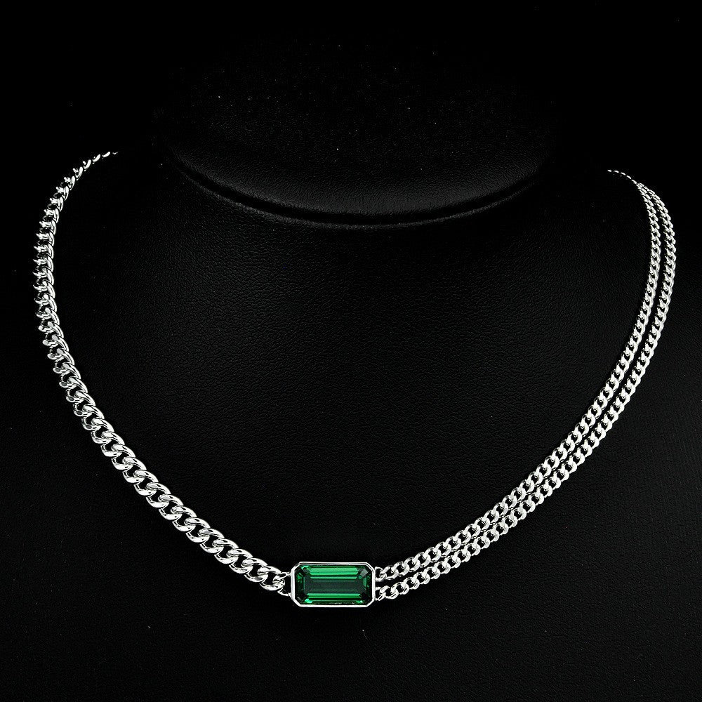 2025 New 4Ct Rectangle 7x14mm Green High-Carbon Diamond Unisex Cuban Chain, 44.5cm