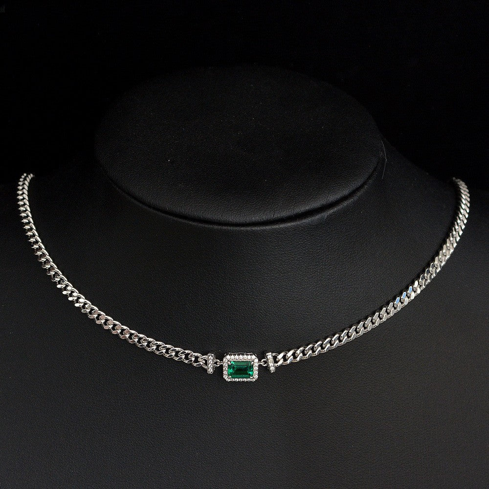2025 New 1Ct Rectangle 5x7mm Lab-Grown Emerald Sterling Silver Adjustable Necklace, 40+5+3cm