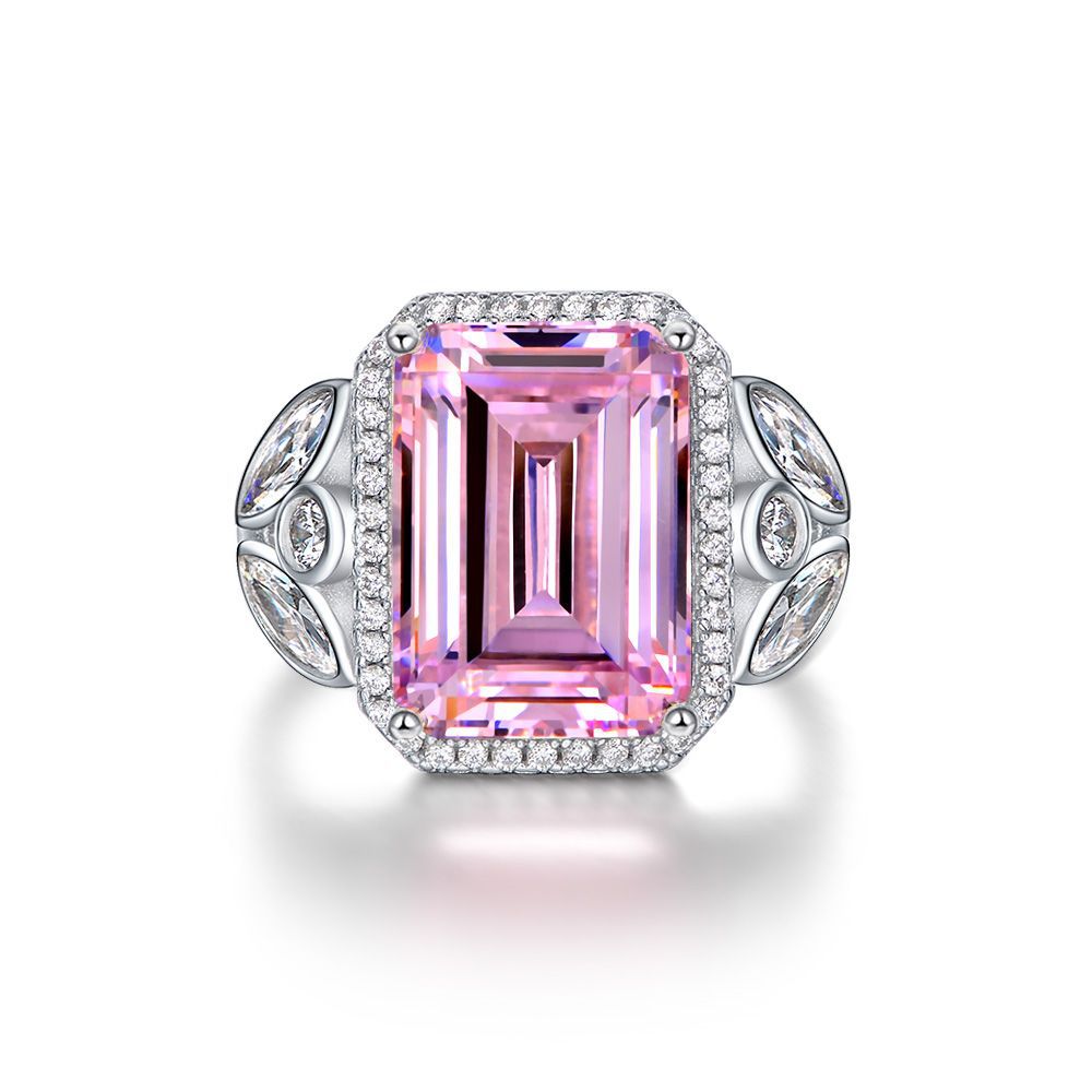 Rectangle 10x14mm Emerald Cut High-Carbon Diamond S925 Silver Ring with American Pink
