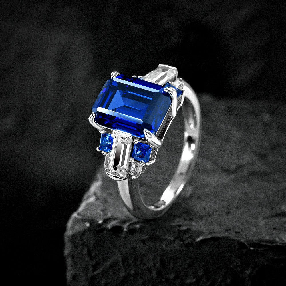 4Ct Rectangle 8x10mm Lab-Grown Sapphire S925 Silver Ring with High-Carbon Diamonds