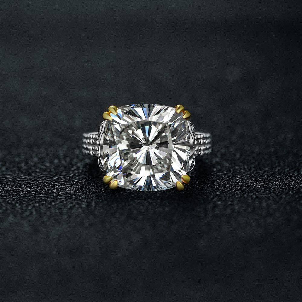 10 Carat 14×14mm Cushion Cut High Carbon Diamond Ring – Sterling Silver Minimalist European Style Women’s Jewelry