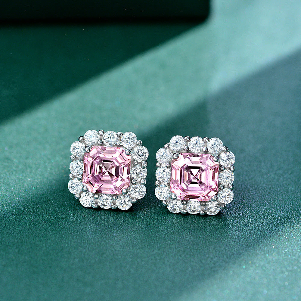 Sterling silver earrings S925 Vintage Square Stud Earrings - Versatile 2 Carat Diamond Elegance