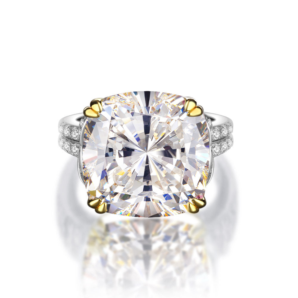 10 Carat 14×14mm Cushion Cut High Carbon Diamond Ring – Sterling Silver Minimalist European Style Women’s Jewelry