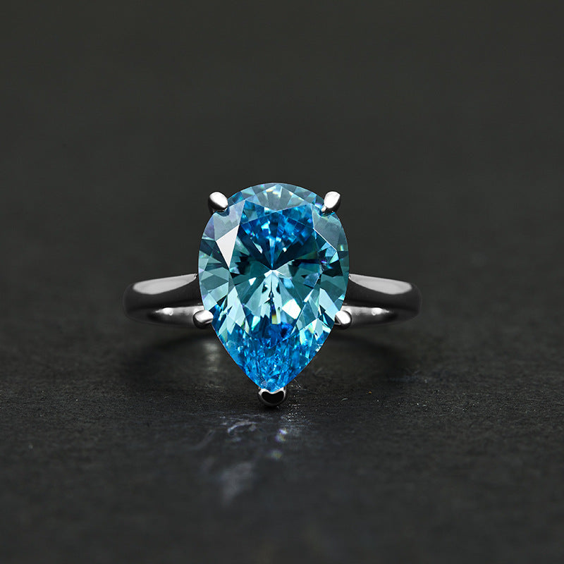 New 4.5Ct Teardrop 10x14mm Light Blue High-Carbon Diamond 925 Silver Ring