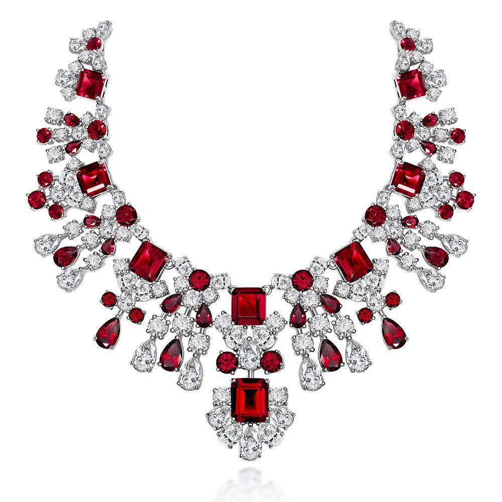Made-to-order 10 days lead time 8.5Ct Rectangle 12x14mm Symmetrical Sunflower Geometric Lab-Grown Ruby/Sapphire Necklace