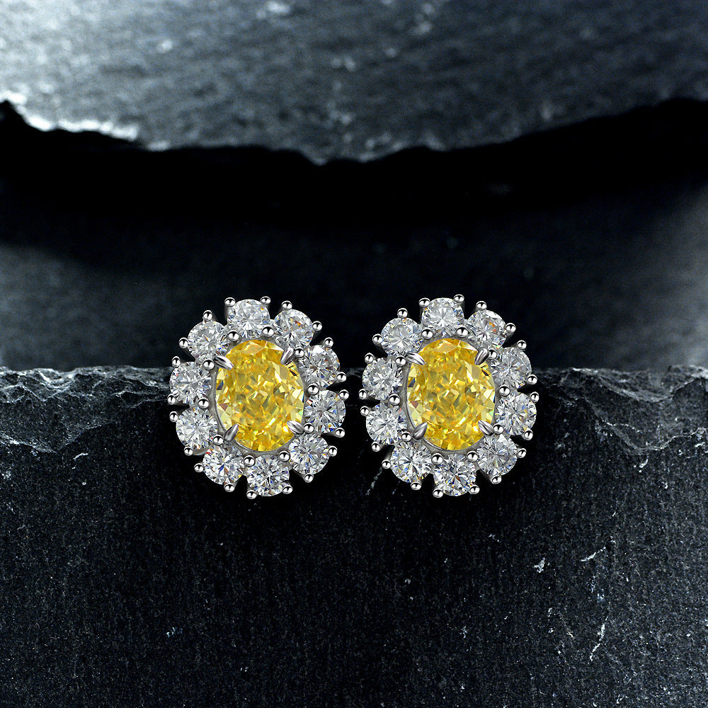 925 Sterling Silver Earrings 2-Carat High Carbon Diamond Earrings for Women, High-End Frosted Cut Pink Oval 7*9