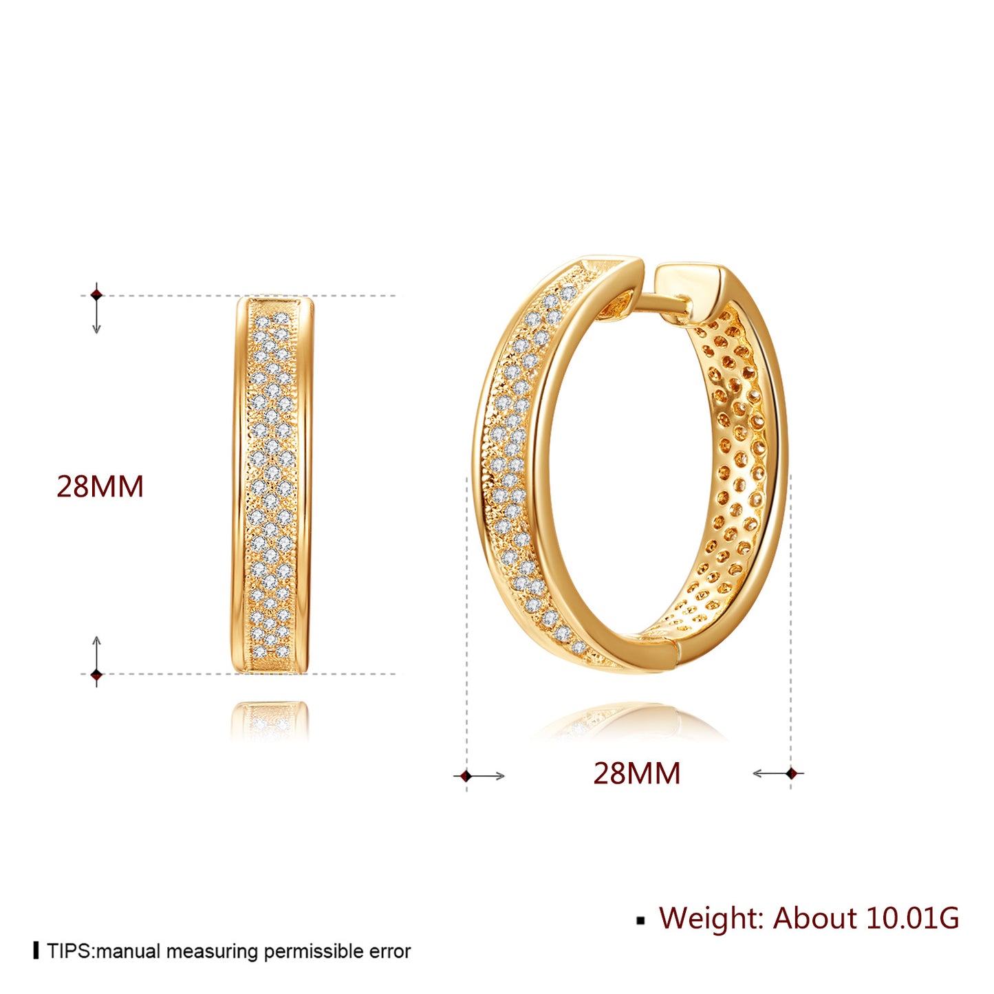 18k Gold plated earrings circle clip zirconia shining