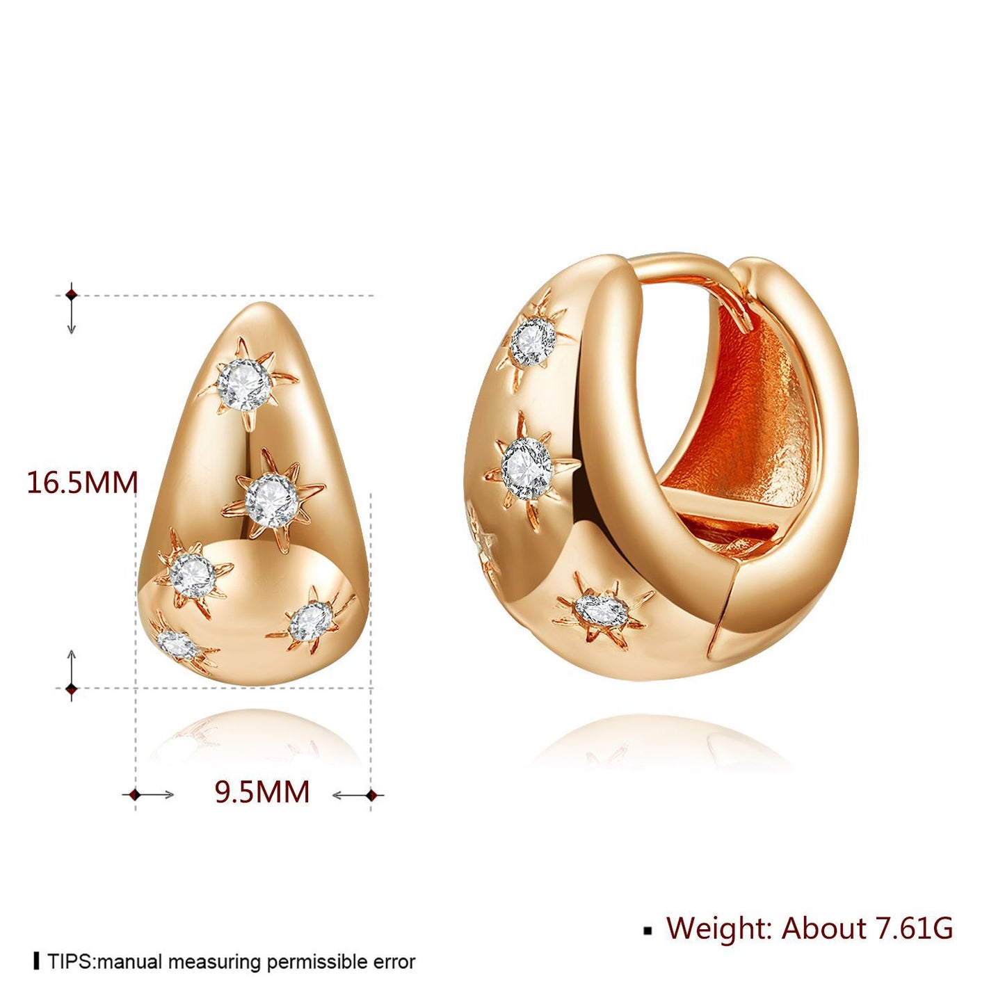 18k Gold plated earrings clip rose gold best selling with crystals