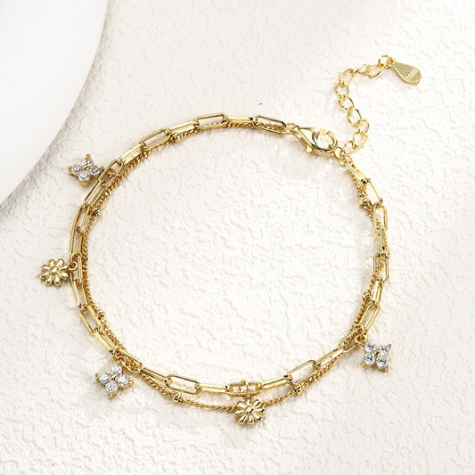 Flower Bracelet Sterling Silver Bracelet 18K Gold Plated Charm Bracelet