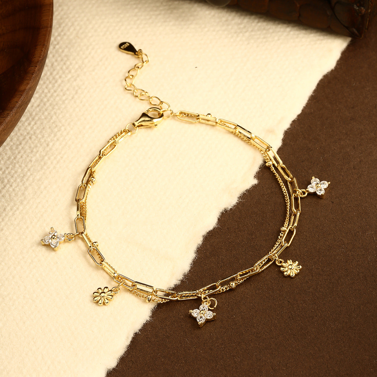 Flower Bracelet Sterling Silver Bracelet 18K Gold Plated Charm Bracelet