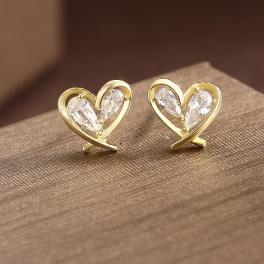 Sterling Silver Earrings 18K Gold Plated Earrings Heart Earrings Zircon Earrings