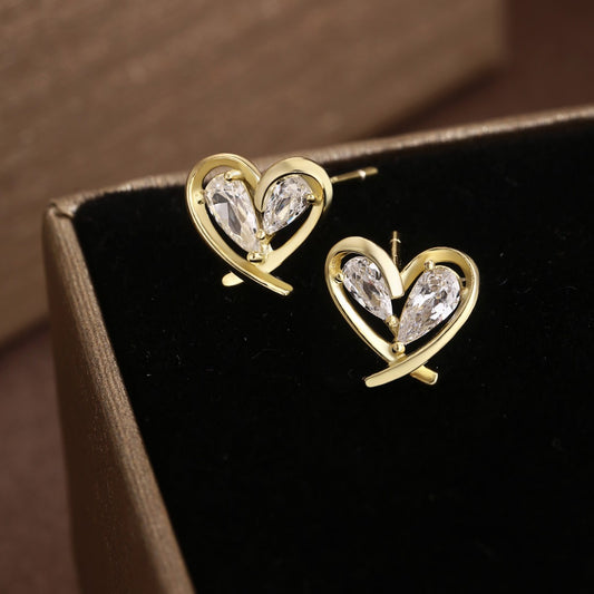 Sterling Silver Earrings 18K Gold Plated Earrings Heart Earrings Zircon Earrings