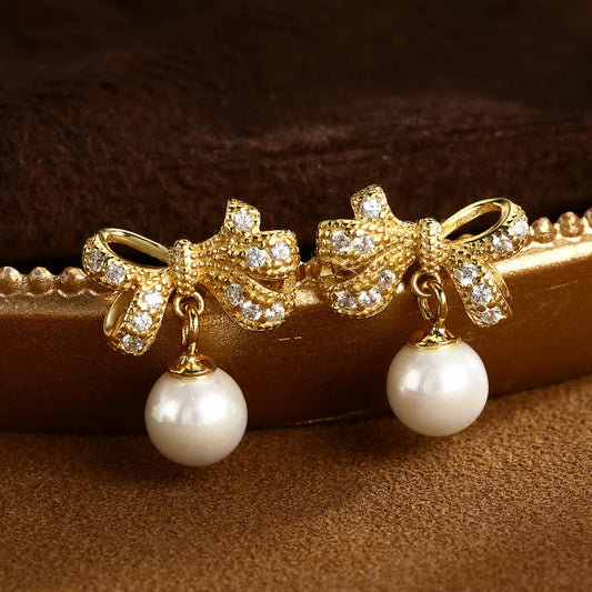 Bowknot Earrings Sterling Silver Earrings 18K Gold Plated Earrings Pearl Earrings
