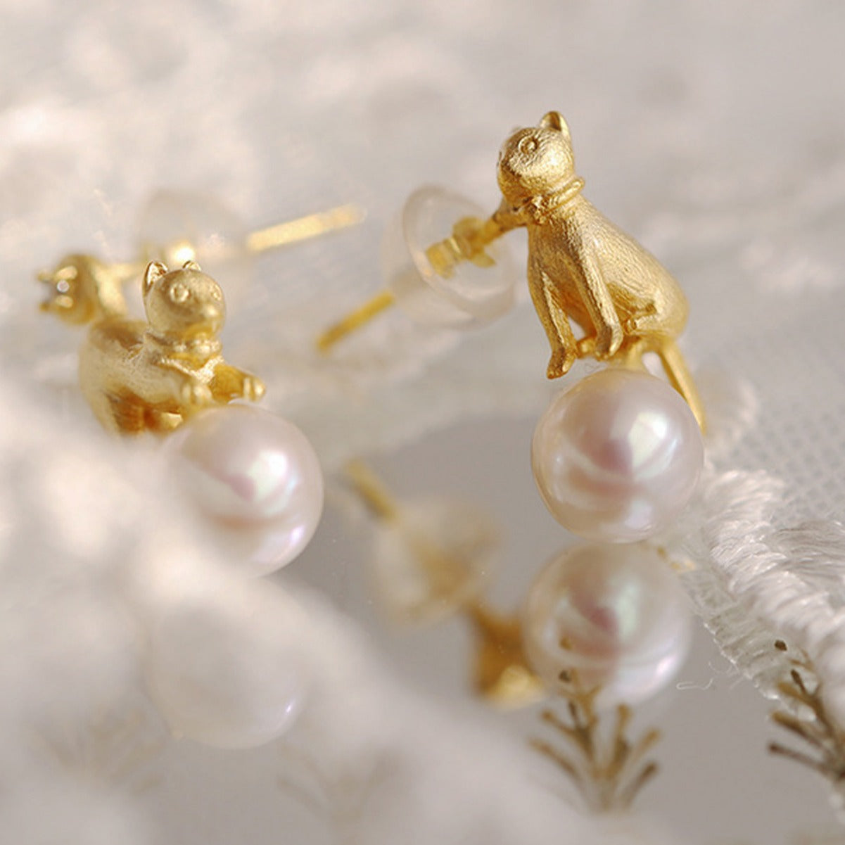 Cat Earrings Sterling Silver Earrings 18K Gold Plated Earrings Pearl Earrings