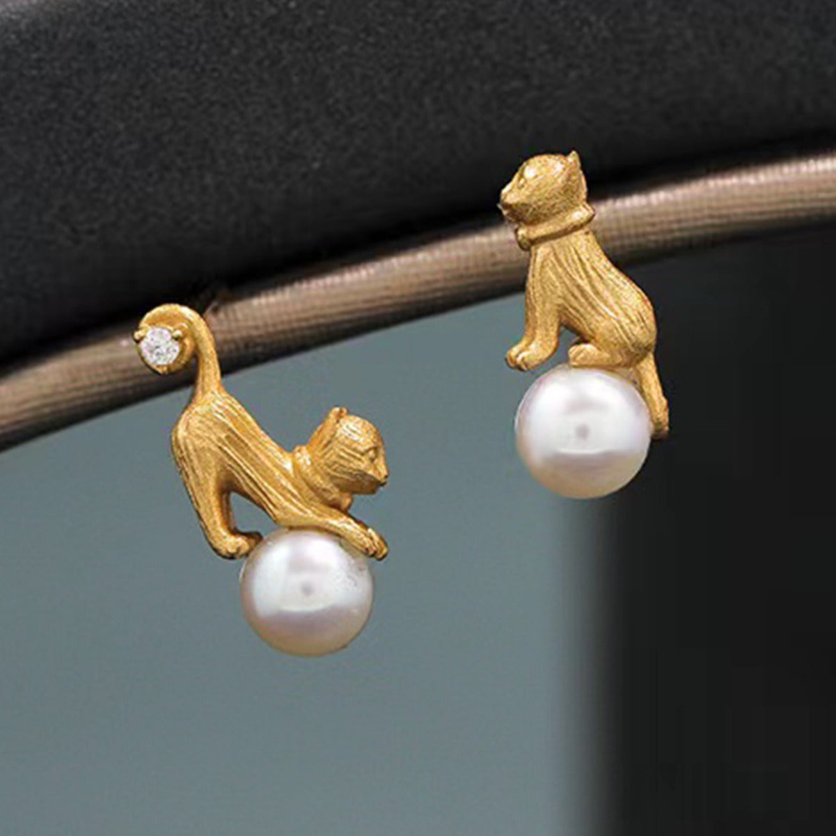 Cat Earrings Sterling Silver Earrings 18K Gold Plated Earrings Pearl Earrings