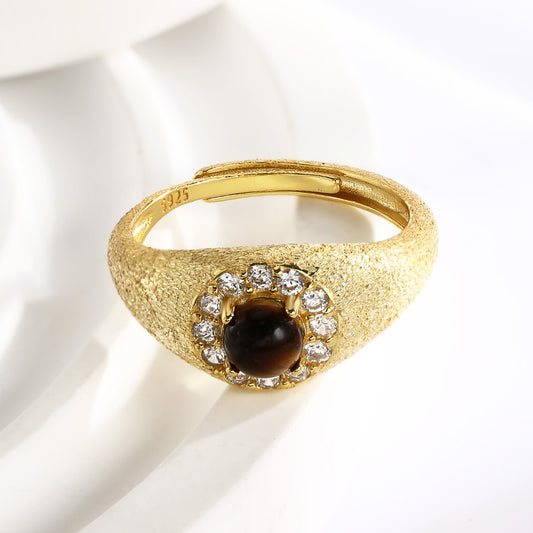 Sterling Silver Ring 18K Gold Plated Ring Tiger Eye Stone Ring