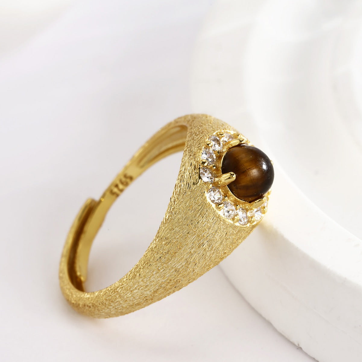 Sterling Silver Ring 18K Gold Plated Ring Tiger Eye Stone Ring
