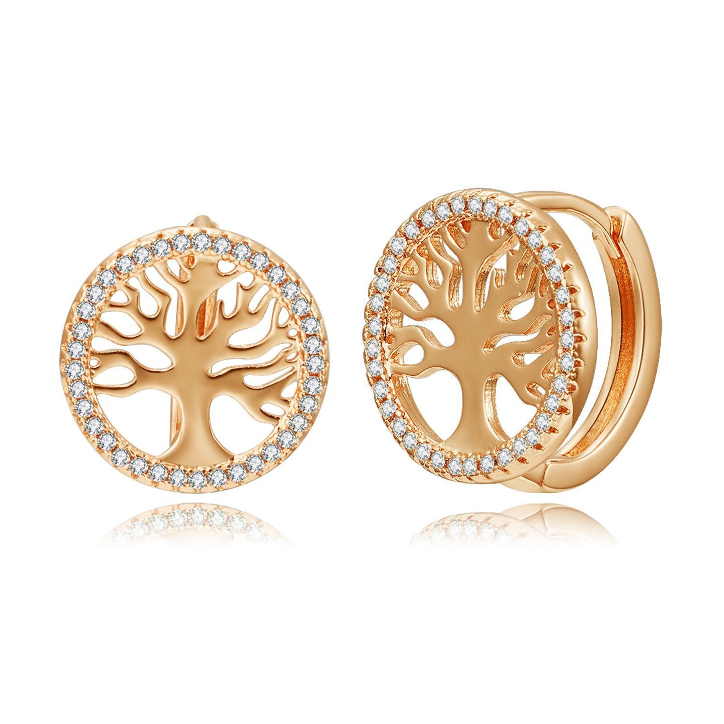 18k Gold plated earrings rose gold clip tree of life crystals