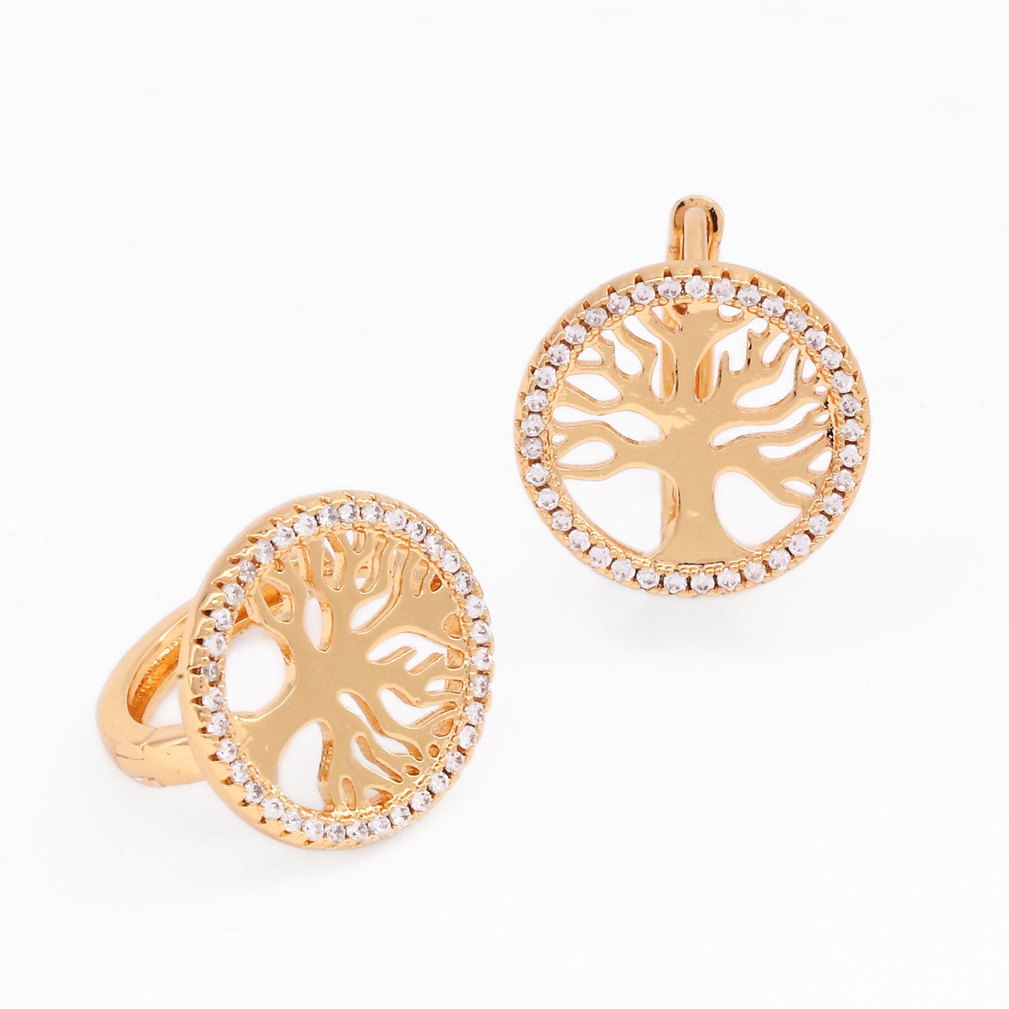 18k Gold plated earrings rose gold clip tree of life crystals