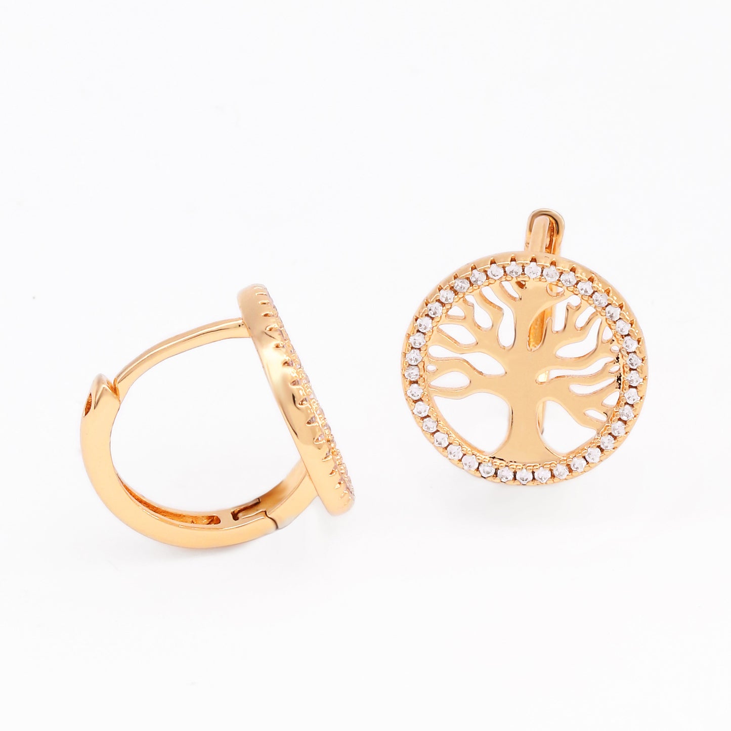 18k Gold plated earrings rose gold clip tree of life crystals