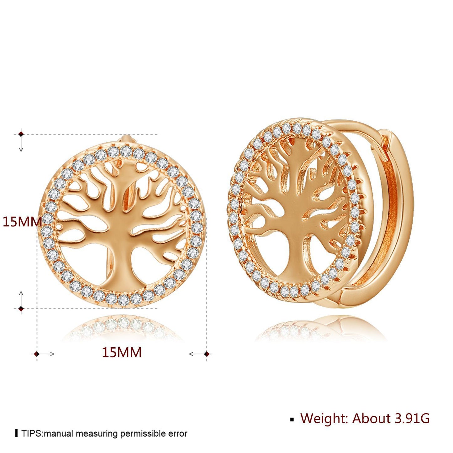 18k Gold plated earrings rose gold clip tree of life crystals