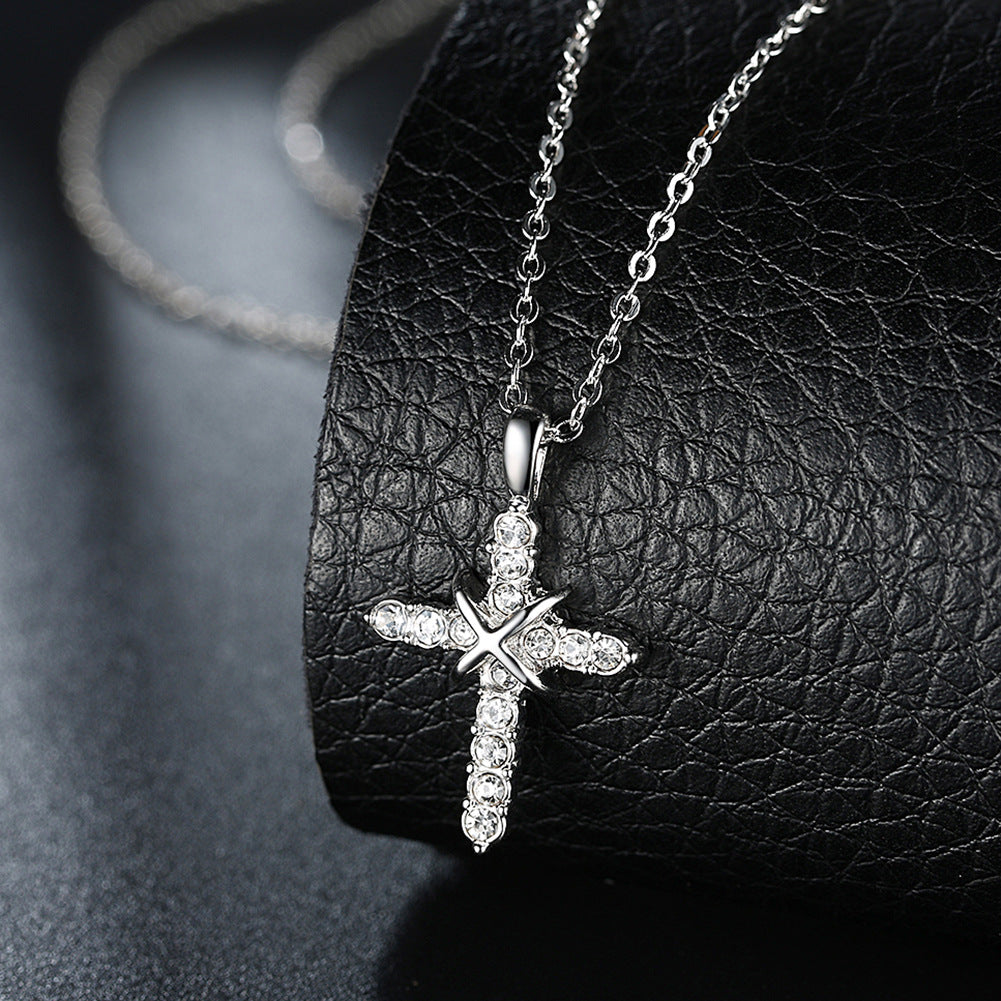 18K white gold plated necklace cross with crystals