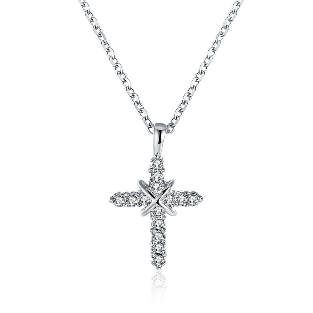 18K white gold plated necklace cross with crystals