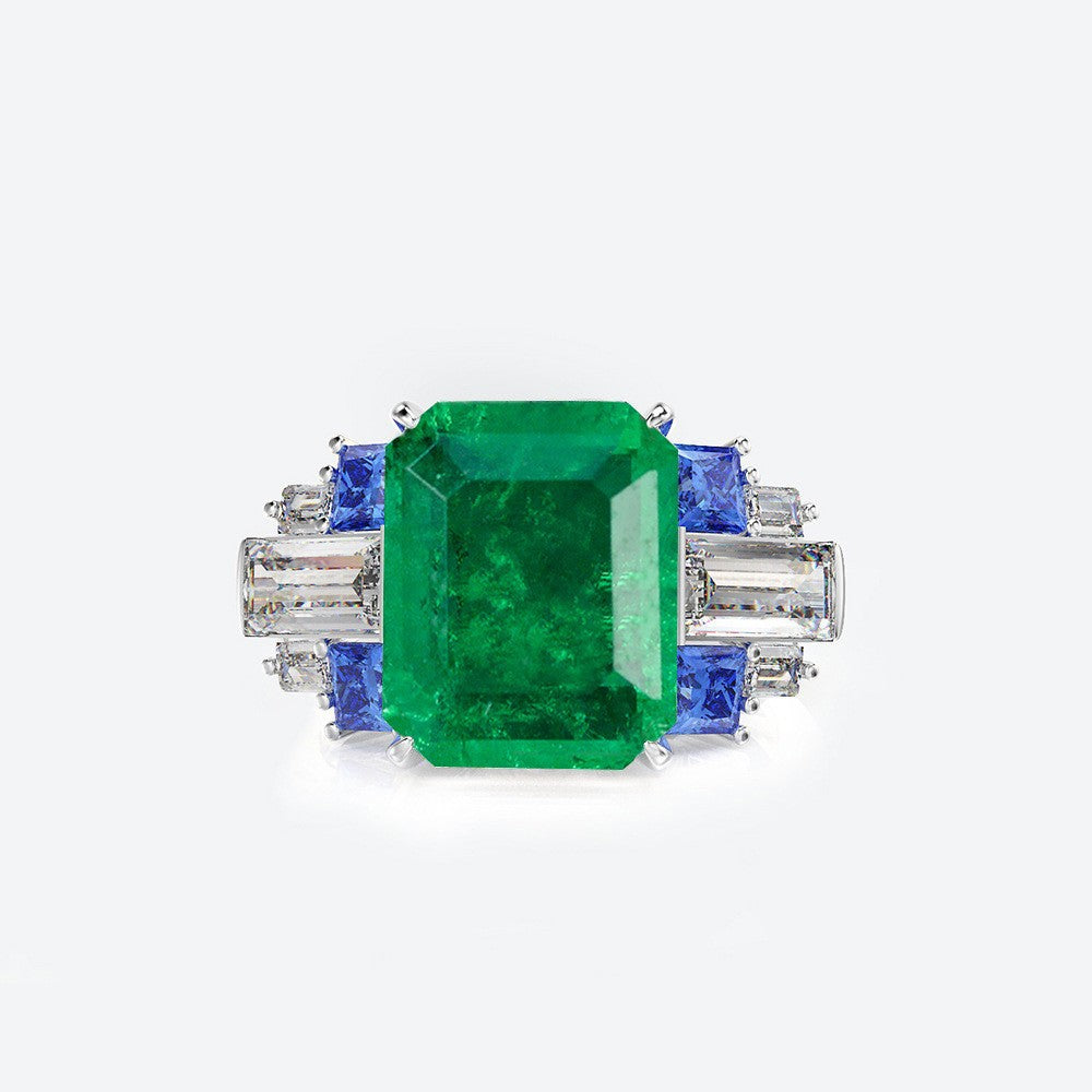 Lab Emerald Radiant Ring with Sapphire Baguettes – Sterling Silver